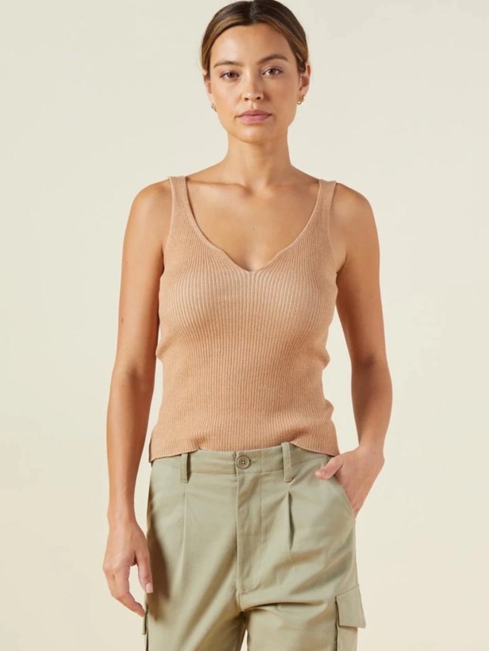 Monrow Sweater Rib Tank Doe Tan Size Medium NWT Ribbed Knit Camisole